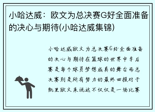 小哈达威：欧文为总决赛G好全面准备的决心与期待(小哈达威集锦)