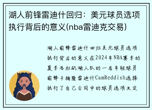 湖人前锋雷迪什回归：美元球员选项执行背后的意义(nba雷迪克交易)