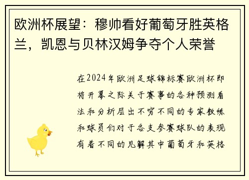 欧洲杯展望：穆帅看好葡萄牙胜英格兰，凯恩与贝林汉姆争夺个人荣誉