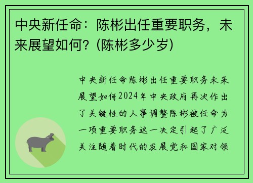 中央新任命：陈彬出任重要职务，未来展望如何？(陈彬多少岁)