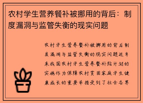 农村学生营养餐补被挪用的背后：制度漏洞与监管失衡的现实问题