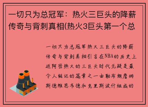 一切只为总冠军：热火三巨头的降薪传奇与背刺真相(热火3巨头第一个总冠军)