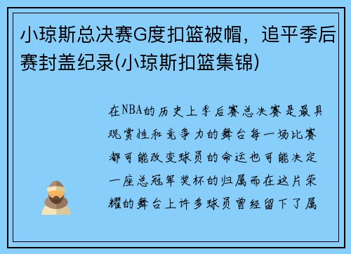 小琼斯总决赛G度扣篮被帽，追平季后赛封盖纪录(小琼斯扣篮集锦)